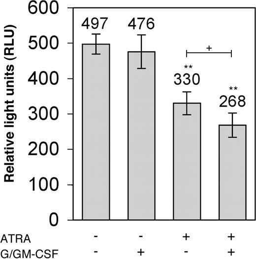 Figure 6. Mammalian 2-hybrid analysis of interaction between RARα and N-CoR following treatment with ATRA and/or G/GM-CSF. Cotransfection of pGAL4-N-CoR, pGAL4(UAS)5-tk-luc, pVP16-RARα1, and pMB1-CMV-lacZ for internal control were performed in U-937 cells and luciferase activity was measured 18 hours after treatment with indicated agents. Results represent the mean (numbers above bars) ± SD of 2 independent experiments done in triplicates. Control cotransfection of an empty GAL4(DBD) vector with pVP16-RARα did not result in activation of the GAL4(UAS)5tk-luc gene expression (data not shown). The statistical significance of differences between control and treated samples is indicated by asterisks, and between treated samples by plus symbols. ***/+++P < .001, **/++P < .01, */+P < .05.