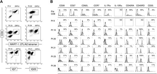 Figure 1. Ex vivo-expanded T cells used for treatment contain tumor antigen-specific clones with late-stage effector phenotype. (A) Tumor antigen-specific CD8+ T cells are detectable in TIL samples using MART-1:26-35(27L) peptide containing HLA-A*0201 tetramer complexes and anti-CD8α antibody. Alternatively, melanoma antigen-specific T-cell clones were identified in patients 9 and 21 TIL using Vβ7- or Vβ22-specific antibodies, respectively. (B) Cell surface expression of costimulatory, lymphoid-homing, and homeostasis-associated molecules on pretreatment PBL and TIL-derived tumor antigen-specific CD8+ T cells prior to ACT. The percentage of marker-positive events within the gated tetramer or Vβ-stained, CD8α+ population are provided. Pt indicates patient; ND, not done.
