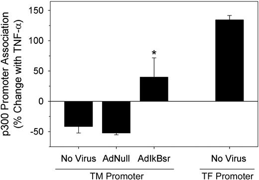 Figure 6. Change in p300 association with the TM promoter following TNF-α stimulation. Chromatin immunoprecipitation was performed in HUVECs stimulated with or without 80 ng/mL human TNF-α for 1 hour using an antibody recognizing p300 and primers/probes specific for either the TM (left) or tissue factor (TF; right) promoters. Values are the mean ± SEM for 3 experiments. *P = .04 for AdIκBsr versus AdNull groups.
