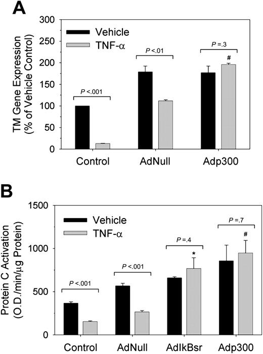 Figure 7. Effect of p300 overexpression on TNF-α–induced TM repression. HUVECs were transduced with either AdNull, Adp300, or AdIκBsr (MOI = 100 pfu/cell) prior to stimulation without (▪) or with 100 ng/mL human TNF-α (▦). (A) TM gene expression, normalized to CD31, was determined by real-time PCR 16 hours after TNF-α stimulation. (B) Activated protein C formation was determined by in situ chromogenic assay 24 hours after TNF-α stimulation. Values are the mean ± SEM of 3 experiments. #P < .004 for Adp300 versus AdNull and control groups stimulated with TNF-α. *P < .01 for AdIκBsr versus AdNull and control groups stimulated with TNF-α.