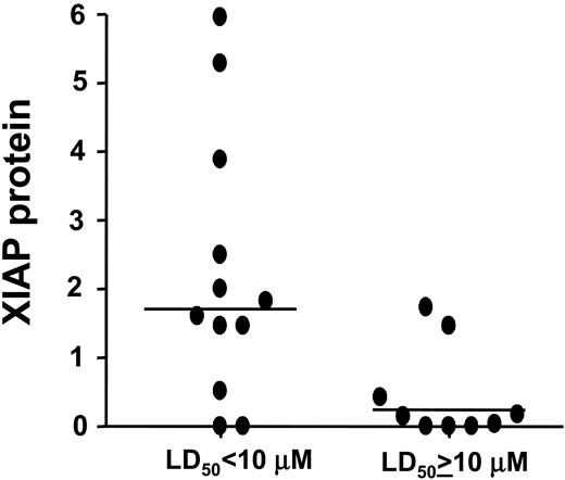 Figure 3. Correlation of XIAP levels with in vitro response to XIAP antagonists. Protein lysates were prepared from 21 of 27 AML samples. Samples were normalized for total protein content, and analyzed by SDS-PAGE/immunoblotting using antibodies specific for XIAP and β-actin. Immunoblot data were quantified by scanning densitometry, normalized for β-actin expression, and compared with a sample of normal peripheral blood stem cells as an internal reference control. The figure shows the relative level of XIAP protein expressed as a fold increase over the reference standard for patient samples dichotomized by their response to the XIAP inhibitor (LD50 < 10 μM or LD50 ≥ 10 μM). Horizontal lines represent the median XIAP protein level for the group.