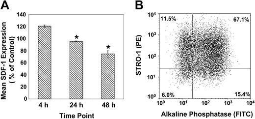 Figure 3. SDF-1 is down-regulated by BMSSCs following osteoinduction. (A) Semiquantitative RT-PCR of SDF-1 expression according to the relative GAPDH expression by cultured BMSSCs over time, in the presence of osteoinductive media. The mean values ± standard errors represent 4 independent experiments. Osteoinductive conditions versus the corresponding controls were analyzed using paired t test at each time point with a significance value (*) of P < .05. (B) The dot plot represents dual flow cytometric analysis of single-cell suspensions of ex vivo–expanded BMSSCs, cultured for 48 hours in the presence of osteogenic induction media, based on the cell surface expression of STRO-1 and alkaline phosphatase antigens.