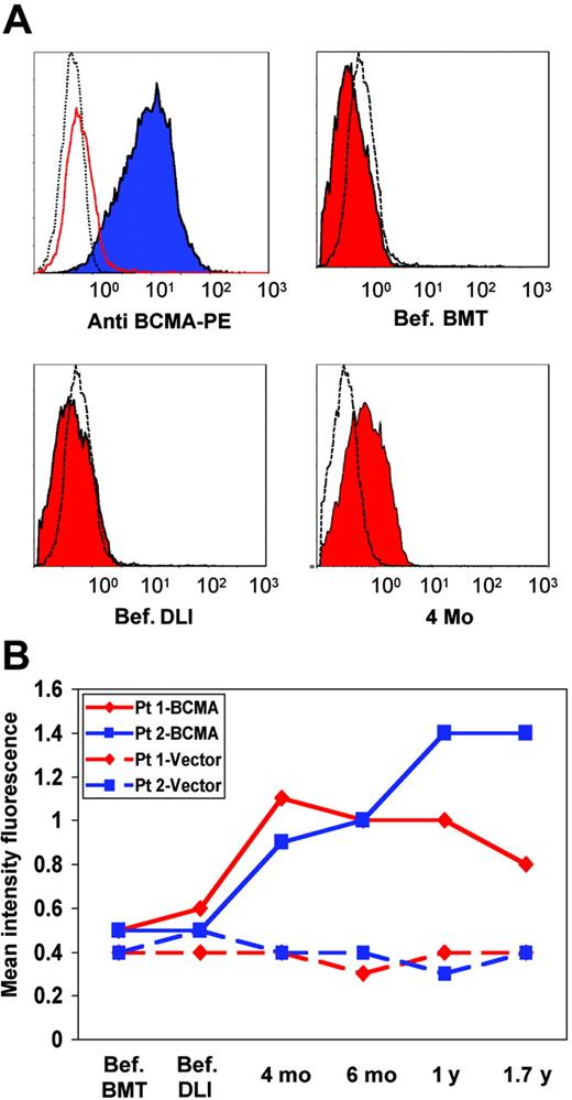Figure 3. Flow cytometric analysis with patient serum. (A) Flow cytometric analysis of BCMA-293 (blue filled histogram), vector-293 (red open histogram), and nontransfected 293 cells (black open histogram) with control anti–BCMA antibody. BCMA-293 (red filled histograms) and vector-293 cells (black open histograms) incubated with pre-BMT (Bef. BMT), pre-DLI (Bef. DLI), and 4 months post-DLI serum (4 mo). PE indicates phycoerythrin. (B) Mean fluorescence intensity (MFI) of serial patient samples tested for reactivity against BCMA-293 (—) and vector-293 control cells (–). ♦ indicates patient 1; ▪, patient 2.