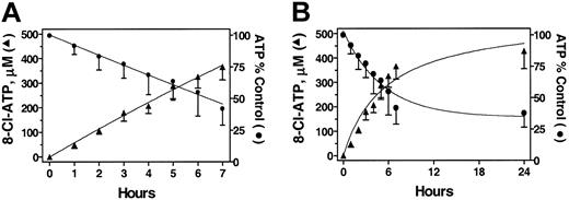 Figure 2. Accumulation of 8-Cl-ATP and depletion of ATP pool with the treatment of 8-Cl-Ado in primary CLL cells from 7 patients (1, 3-8). The CLL lymphocytes were incubated with 10 μM 8-Cl-Ado for indicated times and PCA-extracted nucleotides were analyzed by HPLC. The accumulation of 8-Cl-ATP (▴) and the depletion of ATP (•) are plotted together for 7 hours (A) and up to 24 hours (B). Symbols indicate mean ± standard deviation.