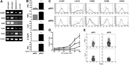 Figure 7. RAG1+ pDC1 and RAG1- pDC2 subsets express pDC-related genes but differ with respect to cytokine production and T-cell allostimulation. (A) RT-PCR analyses were performed with cDNA from freshly purified RAG1+ pDC1s, RAG1- pDC2s, B220-CD11c+ DCs, and Lin-ckit+ cells. Primer pairs were used to detect transcripts for ICSBP, TLR9, TLR4, RelB, and SpiB along with β-actin as a control. (B) The 2 categories of pDCs (▦, pDC1; ▪, pDC2) were stimulated for 12 hours with CpG-ODNs. Supernatants were analyzed for IFNα, TNFα, IL-6, IL-12p70, and IFNγ levels by ELISA. Results are presented as the mean ± SD of 3 different experiments. (C) Expression of costimulatory molecules was assessed on pDC1s and pDC2s after 18-hour stimulation with CpG-ODNs. Dotted lines indicate unstimulated cells. (D) Preactivated RAG1+ pDC1s (□), RAG1- pDC2s (○), and B220-CD11c+ DCs (▵) were cultured for 6 days with 1 × 105 allogeneic T cells. Proliferation of TCRβ+ cells was measured by BrdU incorporation as described in “Material and methods.” Of 3 experiments, 1 representative is shown. Results are presented as the mean ± SD of 3 different culture wells; one representative experiment of 3 is shown. (E) Intracellular cytokine accumulation was determined in T cells 6 days after priming with preactivated pDC1s or pDC2s, and 5-hour restimulation with PMA and ionomycin.