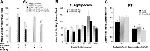 Figure 2. IRBP- and S-Ag–induced leukocyte migration is specific and G-protein–coupled receptor mediated. (A) Antibodies against either bovine IRBP or S-Ag block lymphocyte migration. 10 (▧) or 100 (▪) ng/mL of IRBP were mixed with 20 μg/mL of rat polyclonal anti-IRBP prior to being placed in the lower wells of a micro-Boyden chemotaxis chamber. S-Ag (10, ▨, or 100, ▦, ng/mL) was mixed with 20 μg/mL of rabbit polyclonal anti–S-Ag prior to being placed in the lower wells of a micro-Boyden chemotaxis chamber. Lymphocytes cultured for 16 hours with IL-2 were placed in the upper wells. The mean number of migrating cells and corresponding standard deviation are graphed on the y-axis while chemoattractant and antibody conditions are shown on the x-axis. □ indicates media control. n = 3. A representative experiment is shown. (B) Both human and bovine S-Ag induce lymphocyte migration. Various concentrations of S-Ag were placed in the lower well of a micro-Boyden chemotaxis chamber. Human lymphocytes cultured for 16 hours with IL-2 were placed in the upper wells. The mean number of migrating cells and corresponding standard deviation are graphed on the y-axis while ligand concentrations are shown on the x-axis. ▧ represents human S-Ag; ▪, bovine S-Ag. n = 2. A representative experiment is shown. (C) Both S-Ag–and IRBP-induced lymphocyte migration is pertussis toxin sensitive. Human lymphocytes cultured for 16 hours with IL-2 were pretreated for 30 minutes at 37°C with increasing amounts of pertussis toxin. Various concentrations of chemoattractants were placed in the lower wells of a micro-Boyden chamber. Pertussis toxin–pretreated lymphocytes were placed in the upper wells. ▪ indicates S-Ag; ▨, IRBP; and ▦, regulated on activation, normal T-cell–expressed and secreted (RANTES). *StatView Student t test with P ≤ .0001 for maximum chemotactic responses vs “0” control; **P ≤ .005. Inhibited chemotaxis that was not significantly different from media control was noted with #. n = 3. Representative experiment is shown. Error bars indicate standard deviation.