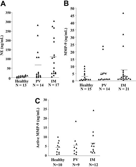 Figure 4. NE, MMP-9, and active MMP-9 levels in the MNC-conditioned media. (A) Levels of NE in media conditioned by MNCs isolated from the PB of healthy subjects (n = 13), patients with PV (n = 14), or patients with IM (n = 17) were assayed by ELISA. Each point represents the mean concentration of NE in media conditioned by the MNCs from individual patients with IM and PV as well as healthy control subjects assayed in duplicate. The bar represents the mean of each sample group. The levels of NE in the MNC-conditioned media from both patients with PV (P < .05) and patients with IM (P < .001) were significantly greater than that of healthy control subjects. There was no significant difference between the levels of NE in media conditioned by MNCs from patients with IM and PV (P > .05). (B) Levels of MMP-9 in media conditioned by MNCs isolated from normal PB (n = 15), PV PB (n = 14), and IM PB (n = 21). Each point represents the mean concentration of MMP-9 in media conditioned by the MNCs from individual patients with IM and PV as well as healthy control subjects assayed in duplicate. The bar represents the mean of each sample group. The levels of MMP-9 in the MNC-conditioned media from healthy control subjects were not significantly different than that in conditioned media prepared with MNCs from both patients with PV and patients with IM (P > .05). (C) Levels of endogenous active MMP-9 in media conditioned by MNCs isolated from normal PB (n = 10), PV PB (n = 9), and IM PB (n = 12). Each point represents the mean concentration of endogenous active MMP-9 in media conditioned by the MNCs from individual patients with IM and PV as well as healthy control subjects assayed in duplicate. The bar represents the mean of each sample group. The levels of endogenous active MMP-9 in the MNC-conditioned media from healthy control subjects were not significantly different from that in conditioned media prepared with MNCs from both patients with PV and patients with IM (P > .05).