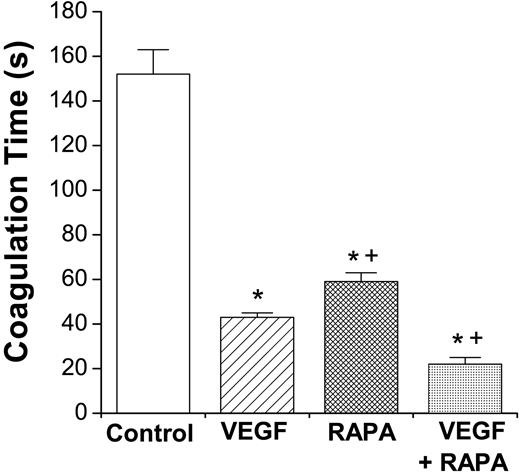 Figure 7. Rapamycin potentiates the procoagulant activity of HUVECs in the presence of VEGF. The procoagulant activity of HUVECs was determined in a one-stage clotting assay in response to VEGF (20 ng/mL; ▨) or rapamycin (5 ng/mL; ▩) or both (▦). □ indicates control. Results show the mean coagulation time ± SEM in 3 independent experiments performed in quadruplicate. *P < .001 versus control; +, P < .05 versus VEGF.