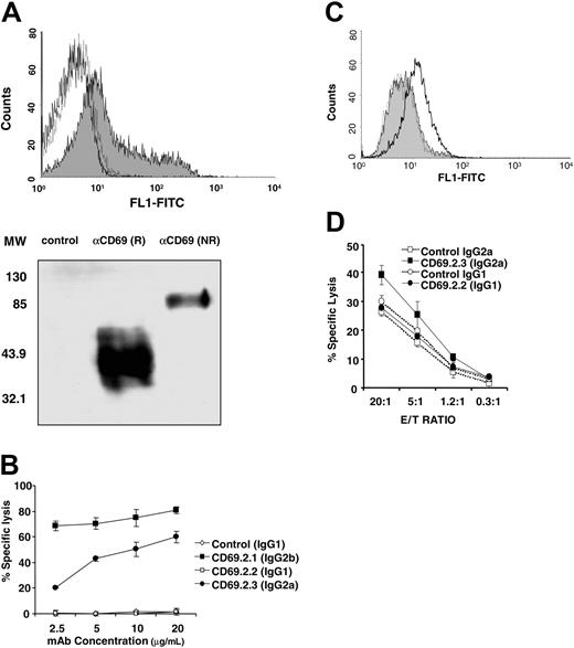 Figure 1. Characterization of mAb CD69.2.2. (A) (Top) The specific binding of CD69.2.2 mAb to CD69 in thymocytes from wt (gray shaded curve) and CD69-/- mice (dotted line) was determined by flow cytometry analysis. Isotype control (IgG1) is indicated by solid line. (Bottom) Immunoprecipitation of cell lysates from murine thymocytes with mAb CD69.2.2. As a negative control a nonrelated mAb (IgG1) was used. The immunoprecipitated samples were separated in an SDS-PAGE gel in reducing conditions (R) and nonreducing conditions (NR). Molecular weight (MW) markers are indicated in kDa. (B-D) MAb CD69.2.2 does not fix complement or induce ADCC. (B) Results of complement-mediated cytotoxicity assays using different anti–murine CD69 mAbs. The mAbs CD69.2.1 (IgG2b) and CD69.2.3 (IgG2a) were used as positive controls. RMA-S cells served as the target. (C) mAb binding to Fc receptors in CD69-/- macrophages was determined by flow cytometry analysis. The CD69.2.2 (IgG1) mAb is represented by the gray shaded curve, while the positive control mAb (CD69.2.3, IgG2a) is represented by the black line. The negative control is represented by the broken line. (D) ADCC activity mediated by mAb CD69.2.2 (IgG1) and CD69.2.3 (IgG2a) assessed using IL-2–activated NK cells as effectors cells and RMA-S as target cells. E/T ratio indicates effector-target ratio. Error bars represent standard deviation.