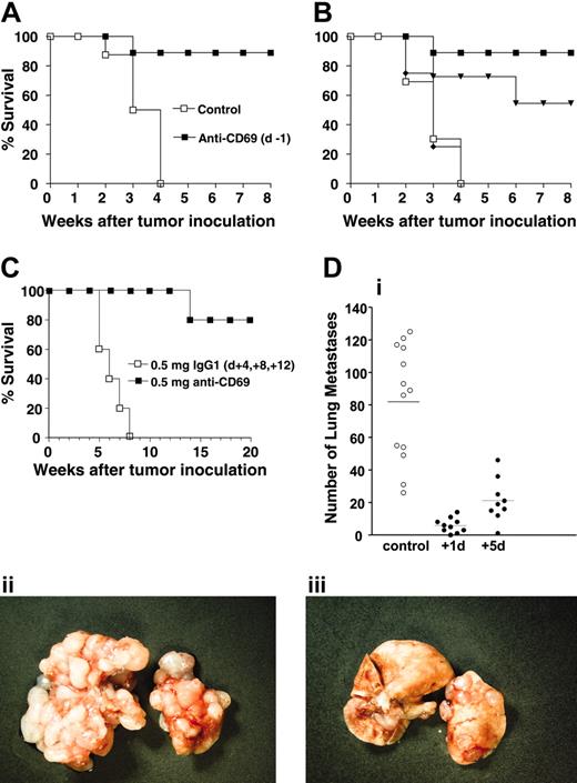 Figure 3. Enhanced in vivo antitumor survival in anti-CD69–treated mice. Survival profiles of C57BL/6 mice treated with mAb CD69.2.2 or with control isotype are shown. The C57BL/6 mice were inoculated intraperitoneally with 105 RMA-S cells and treated with 1 single dose (500 μg mAb), either 1 day before (A, ▪) or 1 (▪), 3 (▾), or 5 days (♦) after (B) inoculation with RMA-S cells. □ indicates control. C57BL/6 mice (C) were treated (500 μg mAb) 4, 8, and 12 days after inoculation subcutaneously with 105 RMA-S cells. C57BL/6 mice (D) were injected intravenously with 104 RM-1 cells and were treated with 1 dose (500 μg) of mAb CD69.2.2 or isotype control mAb either on day 1 or 5 after tumor challenge. (i) Number of lung metastases was counted 16 days after tumor inoculation. Each symbol represents 1 mouse: ○ indicates control mAb; •, mAb CD69.2.2. Photographs are of lungs from mAb CD69.2.2 (+1 day) (iii) or control mAb–treated mice (ii). (A, n = 7; B, n = 5; C, n = 5; D, n = 9). Panels A-C show 1 of 2 independent experiments. Panel D combines the results from 2 independent experiments. The mean number of lung metastases is represented by horizontal bars.