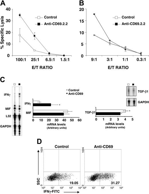 Figure 6. In vitro induction of NK cytoxicity and IFNγ mRNA after CD69 stimulation. Splenocytes from 8-week-old wt mice were incubated in vitro with mAb CD69.2.2 or isotype control mAb (IgG1) and after 18 hours cytotoxic activity was assayed with RMA-S tumor cells as target cells. Results of standard 51Cr cytotoxic assay are shown for total spleen cells (A) and purified NK cells (B). Results shown are representative of 3 independent experiments. (C) mAb CD69.2.2 increases IFNγ mRNA in splenocytes in vitro. mAb CD69.2.2 or isotype control mAb were added at 20 μg/mL and levels of IFNγ, MIF, and TGF-β mRNA were determined by RPA. Results are expressed in arbitrary densitometric units normalized for the expression of GAPDH in each sample. Four animals were used per experimental group, and results shown are representative of 4 separate experiments. (D) mAb CD69.2.2 induces IFNγ production in mouse NK cells. Cells were incubated in serum-free medium for 18 hours and IFNγ was determined by intracellular staining. Dot plots represent the distribution of side scatter (SSC) versus IFNγ–expressing cells among gated DX5+ NK cells. Numbers in left quadrants represent the percentage of INF-γ positive cells. Results are representative of 2 independent experiments and 4 animals were used per experimental group. Error bars represent standard deviation (*P < .05).