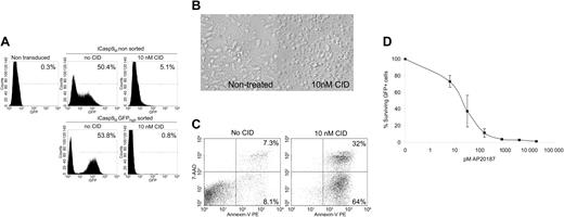 Figure 4. Administration of CID eliminates iCasp9M-expressing T cells. (A) On the day of antigen stimulation, F-Casp9M.I.GFP-transduced CTLs were either untreated or treated with 10 nM CID. Seven days later, the response to CID was measured by flow cytometry for GFP. The percentage of transduced T cells was adjusted to 50% to allow for an accurate measurement of residual GFP+ cells after CID treatment. The responses to CID in unselected (top row) and GFPhigh-selected CTLs (bottom row) was compared. The percentage of residual GFP+ cells is indicated. (B) After overnight incubation with 10 nM CID, F-Casp9M.I.GFPhigh-transduced T cells had apoptotic characteristics such as cell shrinkage and fragmentation by microscopic evaluation. (C) Staining with markers of apoptosis showed that 64% of T cells had an apoptotic phenotype (annexin V+, 7-AAD-, lower right quadrant) and 32% a necrotic phenotype (annexin V+, 7-AAD+, upper right quadrant). A representative example of 3 separate experiments is shown. (D) A dose-response curve using the indicated amounts of CID (AP20187) shows the sensitivity of F-Casp9M.I.GFPhigh to CID. Survival of GFP+ cells is measured on day 7 after administration of the indicated amount of CID. Shown are mean and standard deviation. Similar results were obtained using AP1903, which has proven safe in a clinical trial in healthy volunteers.11