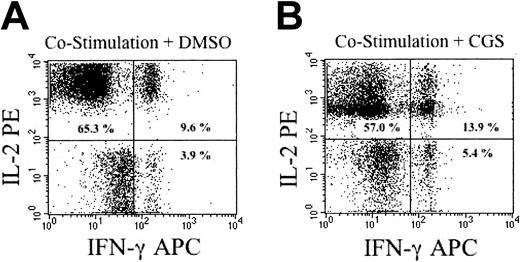 Figure 6. Adenosine A2A receptor agonism reduces IL-2 while preserving IFN-γ secretion at the single-cell level. Costimulated Th1/Tc1 cells were generated, and restimulated on day 6 of culture in media containing DMSO vehicle control (A) or the adenosine A2A receptor agonist CGS (10-7 M; B). Four hours after stimulation, T cells were harvested and subjected to cytokine capture flow cytometry. The percentages of T cells secreting only IL-2, only IFN-γ, or both IL-2 and IFN-γ are shown in the dot plot.