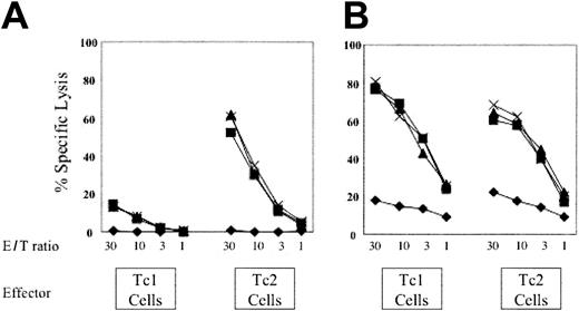 Figure 7. Adenosine A2A receptor stimulation does not directly impair Tc1 or Tc2 cell cytolytic capacity. (A) Heteroconjugate assay reflective of granule exocytosis mediated cytolysis. 51Cr lysis assay was performed by incubating effector Tc1 and Tc2 cells (day 6 of culture) with P815 target cells in calcium replete media, with effector and target cell recognition mediated by anti-CD3 antibody (clone 2C11). Experimental groups included CGS (10-8 and 10-6 M; ▴ and ×, respectively); the control effector group was evaluated in DMSO vehicle (▪). An additional control group did not receive anti-CD3 (♦). E/T ratio indicates effector-target ratio. (B) Cytolysis via fas ligand. Fas ligand on Tc1 and Tc2 cells was induced with PMA and calcium ionophore, and cells were evaluated in 51Cr assays using wild-type (L1210) or fas-transfected (L1210-fas) targets in Ca++-neutralized conditions. Tc1 and Tc2 effectors were incubated with CGS (10-8 and 10-6 M; ▴ and ×, respectively), or with vehicle control (DMSO; ▪); an additional control consisted of DMSO-treated Tc1 and Tc2 effectors and the nontransfected L1210 cell line as target (♦).