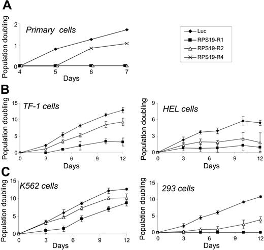 Figure 3. RPS19 shRNAs inhibit cellular proliferation. CD34+ cells cultured in erythroid differentiation medium (A), TF-1 cells (B), HEL cells (C), K562 cells (D), and 293 cells (E) were infected with control (luc) or RPS19 shRNAs and selected with puromycin. Cells were counted by hematocytometer and replated at a constant density.