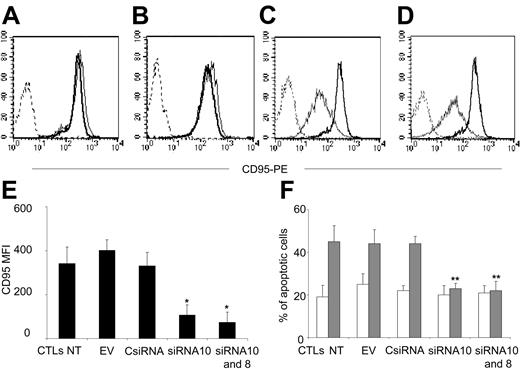 Figure 3. SiRNA knocks down the surface expression of Fas in EBV-CTLs. EBV-CTLs transduced with the EV (A), CsiRNA (B), siRNA10 (C), or with both siRNA10 and GFP-siRNA8 (siRNA10 and 8) (D) after selection were stained with anti-CD95-PE (solid lines) or isotype control (dashed lines). Bold solid lines and thin solid lines indicate CD95 expression in EBV-CTLs nontransduced (NT) and transduced, respectively. (E) The CD95 MFI in EBV-CTLs NT and transduced with the different vectors. Data represent the mean ± SD of 6 different donors (*P < .001). (F) The percentage of apoptotic EBV-CTLs is shown after incubation with (▦) or without (□) CH-11 antibody (40 ng/mL). Data represent the mean ± SD of 5 different donors (**P = .006).
