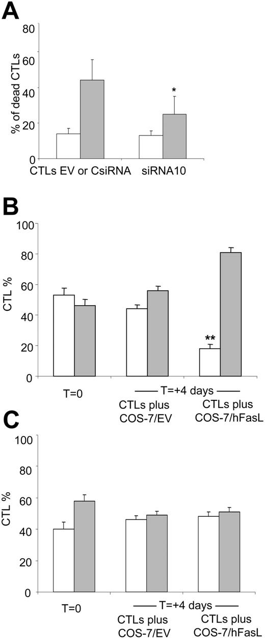Figure 5. Fas knock down in EBV-CTLs increases CTL survival in the presence of cells producing hFasL. (A) The percentage is shown of dead EBV-CTLs transduced with siRNA10, EV, or CsiRNA cocultured (ratio 1:1) with COS-7/hFasL (▦) or COS-7/EV (□). EBV-CTLs transduced with siRNA10 were more resistant to FasL-induced death compared with CsiRNA-transduced CTLs. Data represent the mean ± SD of 4 different donors (*P = .008). EBV-CTLs were then transduced with GFP-siRNA10 (B) or GFP-CsiRNA (C) and cultured for 4 days with COS-7/EV or COS-7/hFasL (ratio 10:1). A selective increase of GFP+ (▦) compared with GFP- (□) cells was observed in CTLs with knocked down Fas (B) (**P = .001), while no selection was observed in control CTLs transduced with GFP-CsiRNA. Data represent the mean of 3 different donors.