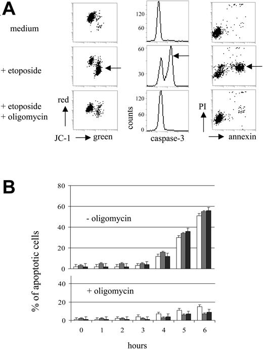 Figure 2. Oligomycin abrogates drug-induced apoptosis in MOLT-3 cells. (A) Cascade of apoptotic events (indicated by arrows) as characterized by MTMP loss (JC-1 staining), activation of caspase-3 (immunofluorescence), and annexin V staining (annexin V/PI test) (JC-1, caspase-3, annexin V and PI fluorescence: 4-decade log scaling). MOLT-3 cells were incubated with etoposide (1 μM) and oligomycin (10 μg/mL) for 6 hours. (B) Kinetics of apoptotic events in MOLT-3 cells incubated with etoposide (1 μM) with or without oligomycin (10 μg/mL). □ indicates MTMP loss; □ indicates act. Caspase-3; ▪ indicates annexin V+.