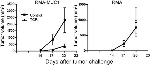 Figure 7. scTCR-reconstituted MUC1 Tg mice rejected MUC1-positive tumor challenge. MUC1 Tg mice were reconstituted with BM cells transduced with scTCR (▴) or with control supernatant (▪) and challenged 6 weeks later with MUC1- tumor (RMA) or with RMA cells transfected with MUC1 (RMA-MUC1). Data are presented as mean ± SE. The number of mice at each time point ranged from 5 to 10.