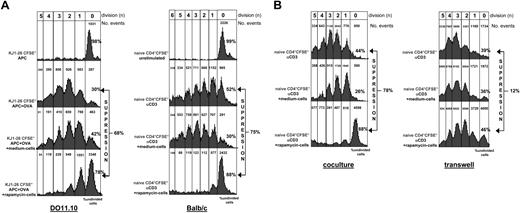 Figure 3. Rapamycin-exposed T cells suppress proliferation of syngeneic naive CD4+ T cells. (A) Naive KJ1-26+ CD4+ tg T cells isolated from spleens of DO11.10 tg mice were stained with CFSE and were activated with APCs alone or APCs plus OVA. DO11.10 CD4+ T cells activated for 3 weeks with APCs plus OVA (medium cells) or APCs plus OVA plus rapamycin (rapamycin cells) were added in equal number to naive CFSE+ cells (105:105) as shown in the left panel. Alternatively, naive CD4+ cells isolated from spleens of Balb/c mice were labeled with CFSE and cultured alone (unstimulated) or with αCD3 mAb. Balb/c CD4+ T cells activated for 3 weeks with αCD3 plus αCD28 mAbs (medium cells) or αCD3+αCD28 mAbs plus rapamycin (rapamycin cells) were added in equal number to naive CFSE+ cells (105:105) as shown in the right panel. After 5 days of culture, cell division was monitored by levels of CFSE dilution. Histograms show the FACS profile of CD4+CFSE+ T cells. Number of events in each cell division (n) are indicated on top of each peak. The amount of CD4+CFSE+ cells proliferating in the absence or presence of cultured T cells was calculated as described in “Materials and methods” and percentages of undivided cells in each culture condition is indicated. Percentages of suppression in comparison to proliferation of naive control cells is indicated. One representative experiment of 9 (for DO11.10) and 1 of 7 (for Balb/c) is presented. (B) Using the same cells described in panel A (right), the experiment was performed in a transwell system in which responder naive CD4+ T cells were activated with αCD3 mAb at the bottom of the transwell while medium or rapamycin cells were preactivated with αCD3 mAb for 6 hours and then added on top of the transwell (right). Data obtained in the transwell system were compared to data obtained in the coculture system (left). One representative experiment of 3 is presented.