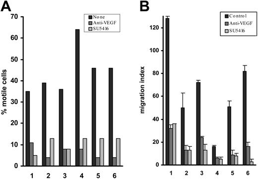 Figure 1. Effect of VEGF blockade on CLL-cell migration on and through endothelium. (A) Percentage of CLL cells motile on HUVECs and the reduction in the number of motile cells induced by a blocking anti-VEGF mAb and by an inhibitor of VEGF receptor kinase activity (SU5416). In the presence of VEGF blockade, the residual motile CLL cells closely resembled their untreated counterparts with regard to their velocity and extent of movement. (B) Effects of these inhibitors on CCL21-dependent CLL-cell TEM, expressed as a migration index (see “Patients, materials, and methods”). When the patients were considered together as a group, the inhibition of motility/TEM with or without blocking anti-VEGF mAb or SU5416 was always significant (P always < .003). Although there was case-to-case variation in both the percentage of motile cells and migration indices, when a given case was tested on more than one occasion similar results were obtained.