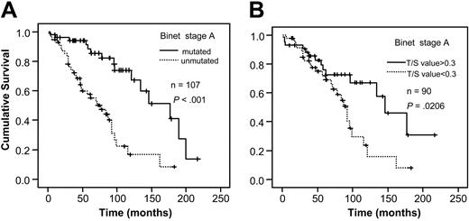Figure 5. Survival analysis in stage A patients. Figure shows survival in relation to VH gene mutation status (A) and telomere length determined by Tel-PCR (B).