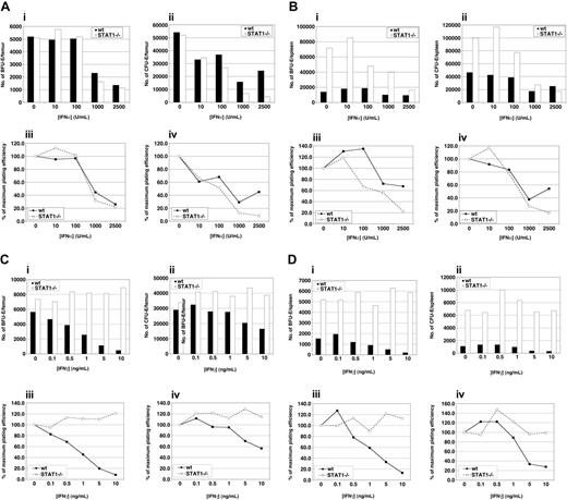 Figure 3. IFN-α inhibits bone marrow BFU-Es and CFU-Es in a STAT1-independent manner. In vitro hematopoietic colony formation was examined in methylcellulose supplemented with 3% kit ligand-conditioned medium and varying concentrations of IFN-α using bone marrow (A) or splenic cells (B) from wild-type and STAT1–/– mice at 8 to 12 weeks of age. (Ai,Bi) BFU-Es were enumerated 7 days after plating. (Aii,Bii) CFU-Es were counted 2 days after initiation of the experiment. IFN-α concentration/response curve of the growth of (Aiii,Biii) BFU-Es derived and (Aiv,Biv) CFU-E–derived colonies in cultures from wild-type (▪) and STAT1–/– (□) mice. The results are presented as a percentage of the maximal colony growth. Inhibition of BFU-Es and CFU-Es by IFN-γ is dependent on STAT1. In vitro hematopoietic colony formation was examined in methylcellulose supplemented with 3% kit ligand–conditioned medium and varying concentrations of IFN-γ using bone marrow (C) or splenic cells (D) from wild-type and STAT1–/– mice at 8-12 weeks of age. (Ci,Di) BFU-Es were enumerated 7 days after plating. (Cii,Dii) CFU-Es were counted 2 days after initiation of the experiment. IFN-γ concentration/response curve of the growth of (Ciii,Diii) BFU-E–derived and (Civ,Div) CFU-E–derived colonies in cultures from wild-type (▪) and STAT1–/– (□) mice. The results are presented as a percentage of the maximal colony growth.