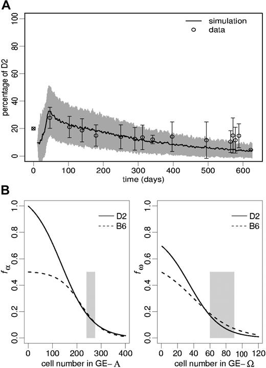 Figure 3. Chimerism development in unperturbed radiation chimeras. (A) The open circles represent the observed chimerism levels (mean ± 1 SD) in primary radiation chimeras. The ⊗ illustrates the D2/B6 ratio in the FL cell transplant. The simulated chimerism of mature model leukocytes is given by an average of 100 simulation runs (solid line) and its corresponding SD (gray shade). The goodness of fit measure, Δ, equals 0.80. The used transition intensities fα and fω (obtained by fitting the model to the data points) are shown in panels B and C, respectively. The shaded areas in panels B and C indicate stem cell numbers consistent with a regenerated stabilized model system.
