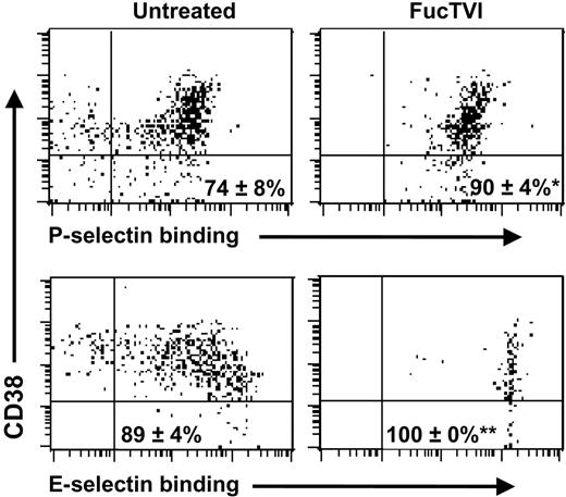 Figure 6. Treatment with recombinant human fucosyltransferase VI enhances P- and E-selectin binding activity on CB-CD34+CD38lo/neg cells. CB-MNCs were treated with rhFucTVI for 40 minutes at 37°C in the presence of GDP-fucose or left untreated, stained for CD34 and CD38 expression and binding of P- or E-selectin. Shown is CD38 expression and selectin binding of gated CD34+ cells. Numbers on each panel indicate mean ± SEM percentage of CD34+CD38lo/neg cells that bind the selectins. *P = .02, **P = .07, compared with untreated samples; n = 5 donors.