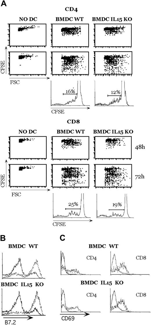 Figure 3. Mouse DCs from IL-15-deficient mice induce alloreactive T-cell activation. (A) DCs (5 × 105) were stimulated with zymosan A in 24-well plates, and 1 × 106 CSFE-labeled CD4+ or CD8+ allogeneic T cells were added to the culture. Cycling cells were analyzed at the indicated time points by FACS analysis. (B) Expression of the indicated molecules by unstimulated DCs (solid lines) or DCs that had been activated by zymosan A for 18 hours (dotted lines) were analyzed by flow cytometry. (C) After 48 hours of culture, CD69 expression was evaluated on small noncycling T lymphocytes (solid lines) and large T-cell blasts (dotted lines). This experiment represents 1 of 2 independent experiments with comparable results.