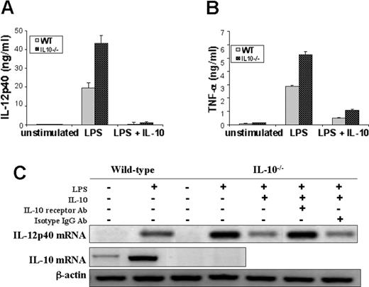 Figure 1. IL-10-mediated inhibition of increased IL-12p40 and TNFα mRNA accumulation and protein secretion in BMDCs. BMDCs from WT and IL-10-/- mice were stimulated with LPS (5 μg/mL) in the presence or absence of IL-10 (10 ng/mL). (A) IL-12p40 secretion at 24 hours, (B) TNFα secretion at 24 hours as measured in triplicate supernatants by enzyme-linked immunosorbent assay (ELISA). Error bars represent standard error of the mean (SEM). (C) IL-12p40 and IL-10 mRNA levels as determined by RT-PCR in RNA isolated from 12-hour LPS-stimulated BMDCs. In some samples, IL-10 receptor antibody or isotype control IgG (30 μg/mL) was used for blockade of the IL-10 receptor. The results are representative of 3 independent experiments.