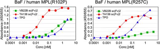 Figure 3. Effect of the agonist minibodies on the proliferation of BaF3 cells expressing human Mpl mutants. R102P (left panel), and R257C (right panel), found in CAMT; TA136 sc(Fv)2, VB22B sc(Fv)2, and rhTPO.