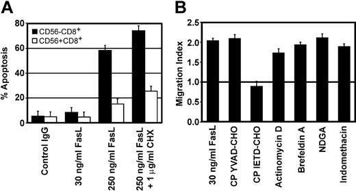Figure 7. Chemokine release depends on caspase-8 activity in the absence of apoptosis. (A) Cells were incubated for 4 hours with different amounts of cross-linked FasL, with or without cycloheximide (CHX) and apoptotic cells were scored by FACS using Annexin V staining; CD56-CD8+ cells (□) and CD56+CD8+ cells (▪). (B) CD56+CD3+ cells were pretreated for 1 hour with different inhibitors, washed, and used in indirect neutrophil migration assays. The horizontal line at migration index 1.0 indicates lack of chemotaxis. Concentrations used were 100 μM for the cell permeable caspase-1 inhibitor (CP YVAD-CHO) and the cell permeable caspase-8 inhibitor (CP IETD-CHO), 10 μg/mL for actinomycin D, 1 μL/mL GolgiPlug (brefeldin A), 200 μM for NDGA, and 300 μM for indomethacin. Data shown are the mean ± SEM of triplicates from 1 donor.
