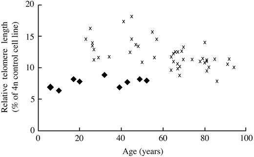 Figure 2. TeloFlow-FISH (fluorescence in situ hybridization) was performed to measure the relative telomere length, as described in “Patients, materials, and methods.” The relative telomere length in lymphocytes isolated from AD DC subjects () or healthy controls (✖) is presented on the y-axis, with age in years on the x-axis.