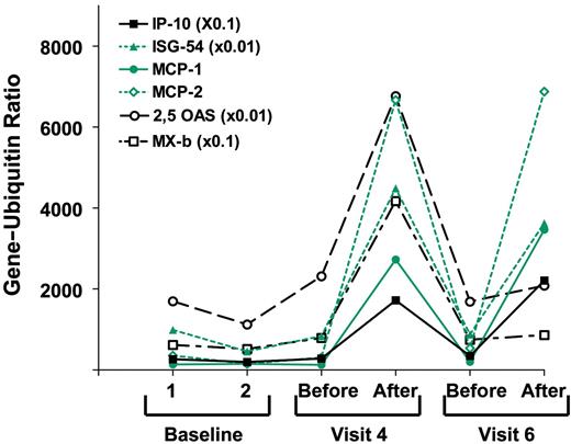 Figure 1. Gene induction by 1018 ISS in a representative patient. Gene/ubiquitin ratios for 6 interferon-inducible genes in PBMCs from patient 113, treated with the highest dose of 1018 ISS (0.5 mg/kg). Values for the more highly expressed genes were multiplied as indicated. Samples were taken before and 24 hours after 1018 ISS injection. Visit 4 included the second and visit 6 included the last of the 4 injections of 1018 ISS.