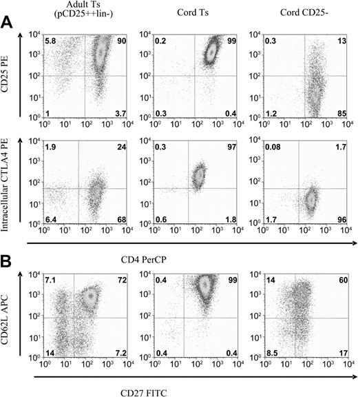 Figure 4. Flow cytometric comparison of CD25+ versus CD25- cell lines. After 3 to 4 weeks of culture expansion, antigen expression was profiled by FACS. Shown are representative plots of CD25+-derived suppressor cell lines compared with CD25--derived cell lines. Also compared are potent adult-derived cell lines. (A) CD25 and intracellular CTLA4 expression remains high on cord T suppressor line, less so for the adult-derived Ts, and largely returns to baseline for the CD25--derived cell lines. (B) CD62L and CD27 expression remains uniformly high on cord Ts lines, on a subset of the adult lines, and diminishes on the CD25--derived cell lines. Representative of 10 cell lines each, analyzed at 4 weeks of culture.