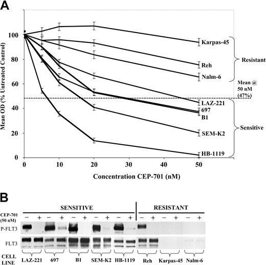 Figure 1. ALL cell lines with high-level expression and constitutive phosphorylation of FLT3 are differentially sensitive to FLT3 inhibition. (A) MTT dose-response curves showing mean cytotoxic response to CEP-701 for indicated cell lines, normalized to untreated controls. Error bars represent standard error of the mean (SEM) of triplicate wells. The dotted line indicates mean cytotoxic response of all 8 cell lines at 50 nM CEP-701. (B) FLT3 immunoprecipitation/immunoblotting showing FLT3 phosphorylation status (P-FLT3) and total protein expression (FLT3) for each cell line treated for 1 hour with 50 nM CEP-701 (+) or diluent control (-), grouped by CEP-701 response.