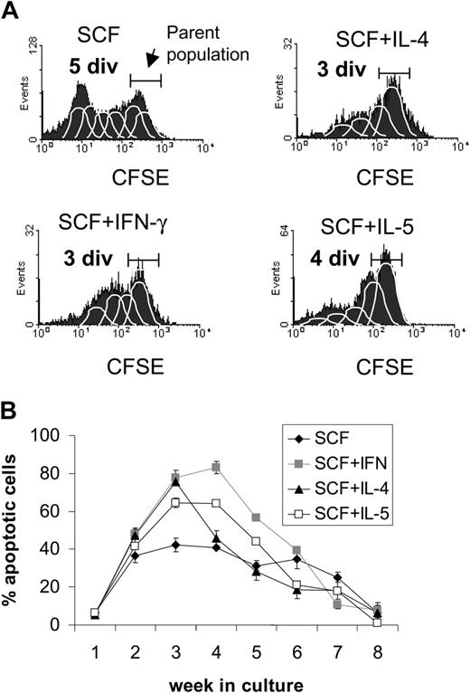 Figure 3. Analysis of cell division and apoptosis through weeks 2 to 8. (A) Cell division in the second week of culture. One-week-old CD34+ cells were stained with CFSE (5 μM) and were cultured in medium containing SCF (100 ng/mL) and IFN-γ (10 ng/mL), IL-4 (10 ng/mL), or IL-5 (10 ng/mL) for 7 days. Division was analyzed by flow cytometry (n = 5). Because dividing cells become increasingly autofluorescent as they mature, the coefficient of variation within each fluorescence peak increases; statistical software was used to account for such variations and to mathematically calculate each division (represented by white lines). (B) Apoptosis of cells during entire 8-week culture. CD34+ cells were cultured in the presence of SCF and IFN-γ (10 ng/mL), IL-4 (10 ng/mL), or IL-5 (10 ng/mL) for 8 weeks. Apoptosis was analyzed by propidium iodide and annexin V–FITC labeling and was analyzed on a FACScalibur. Data in graphs are presented as the mean ± SEM (n = 5).