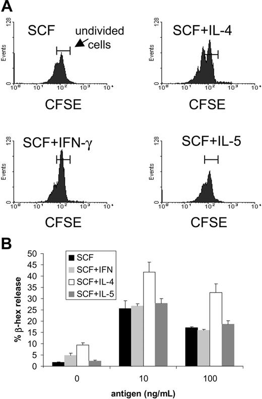 Figure 5. Effect of TH1 and TH2 cytokines on mature human mast cells. Mature mast cells were generated by culturing CD34+ cells for 8 weeks in 100 ng/mL SCF. (A) Mature mast cells were stained with CFSE and cultured in medium containing SCF (100 ng/mL) and IFN-γ, IL-4, or IL-5 (all at 10 ng/mL) for 7 days. Division was assessed by flow cytometry. (B) Cells grown in medium containing SCF and IFN-γ, IL-4, or IL-5 for 7 days were sensitized with IgE overnight, then stimulated with antigen and analyzed for β-hexosaminidase release. Data in graphs are presented as the mean ± SEM (n = 5).