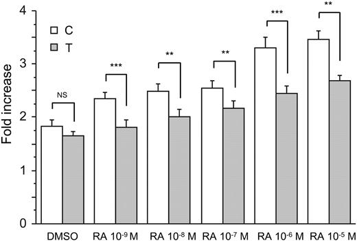 Figure 3. The t-PA –7351C>T polymorphism affects enhancer responsiveness to retinoic acid. HeLa cells were transiently transfected with either the t-PA950(–7351C)-Luc or t-PA950(–7351T)-Luc construct, cotransfected with a Renilla luciferase–expressing vector, and stimulated with 5 different concentrations of RA for 24 hours. Fold increase represents the normalized increase in activity in the indicated construct relative to empty vector (pGL3-promoter vector lacking enhancer insert). As RA was dissolved in DMSO, cells were also exposed to DMSO alone as control. Results are presented as mean (n = 9) and SEM. ANOVA main effect of genotype P < .001, genotype × treatment interaction P < .01. Post hoc analysis by t test; NS indicates not significant, **P < .01, ***P < .001.
