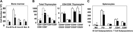 Figure 2. Hematopoietic and lymphoid cell subpopulations in Tcl1-/--deficient and wild-type (Tcl1+/+ and Tcl1+/-) mice. Analysis of bone marrow B-lineage cells in Tcl1-deficient and wild-type mice was conducted by 3-color flow cytometric analysis of cells from both femoral and tibial bones (mean ± one standard error). Splenic marginal zone (MZ) cells were defined as CD19+CD21hiCD23int, follicular cells (FO) as CD19+CD21intCD23hi, and newly formed (NF) cells as CD19+CD21loCD23lo. Both B220 and CD19 antibodies stained splenic B cells similarly when used in combination with CD21 and CD23 antibodies. Each group included 7 to 10 mice 6 to12 weeks of age. Results expressed as mean plus or minus one standard error. Asterisks indicate statistically significant differences (P < .01, as assessed by Student t test) between Tcl1-deficient and wild-type mice.