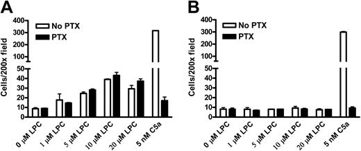 Figure 1. G2A is required for the chemotaxis of mouse peritoneal macrophages to LPC. Thioglycollate-elicited peritoneal macrophages were pretreated with 100 ng/mL PTX or control buffer (No PTX) at 37°C for 1 hour. Chemotaxis of these cells to LPC and C5a was assessed by transwell assays. Migrated macrophages crossing the polycarbonate membrane were stained and counted under microscope at 200 × magnification. (A) Migration of wild-type (WT) mouse peritoneal macrophages to LPC and C5a. (B) Migration of G2A-deficient (G2A–/–) mouse peritoneal macrophages to LPC and C5a. The results are representative of 5 independent experiments.