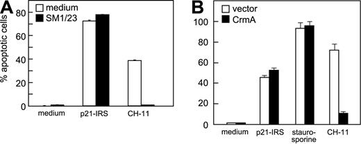 Figure 2. Fas and caspase-8 are not involved in p21-IRS–induced apoptosis. (A) U937 cells were incubated with SM1/23, a mAb that disrupts Fas-mediated apoptosis, prior to the addition of p21-IRS or CH-11. (B) Jurkat cells overexpressing CrmA or transfected with the expression vector were treated with p21-IRS, staurosporine, or CH-11 for 3 hours, 4 hours, or overnight, respectively, and apoptosis determined.