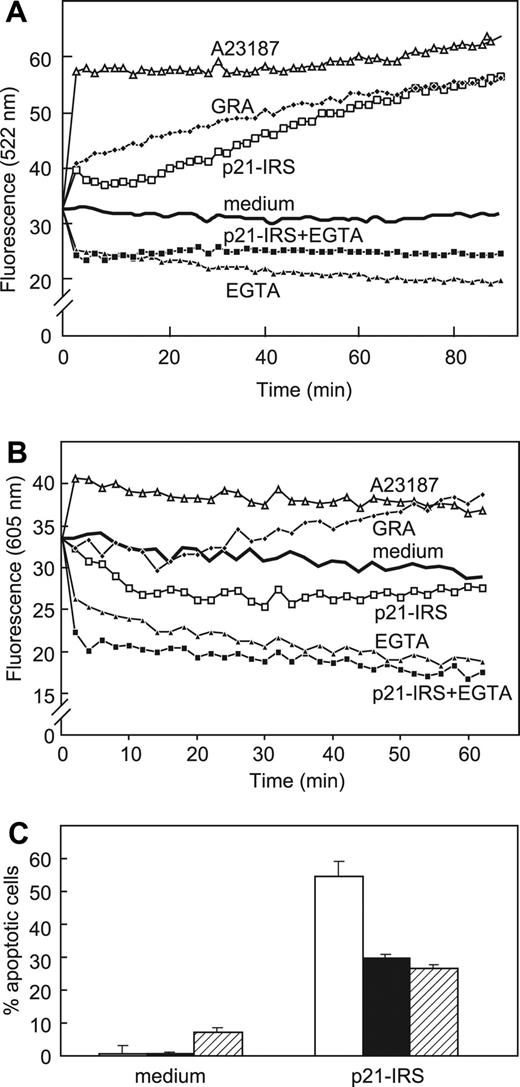 Figure 4. p21-IRS increases cytosolic Ca2+ but decreases mitochondrial Ca2+. U937 cells were incubated with fluorescent dyes fluo-3 (A) or rhod-2 (B), prior to the addition of the indicated compounds. (C) Iberiotoxin, a specific Ca2+-dependent K+ channel blocker, partially blocks p21-IRS–induced apoptosis. Cells were preincubated with medium (open bar), 10 μM iberiotoxin (black bar), or 15 μM iberiotoxin (striped bar) prior to the addition of p21-IRS.