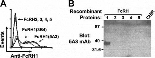 Figure 1. Specificity of 2 anti-FcRH1 monoclonal antibodies. (A) Human 293T cells were transiently transfected with FcRH1 to FcRH5 expression vectors and stained with 3B4 (thick gray line) or 5A3 (thick black line) monoclonal antibodies for immunofluorescence analysis. Cell surface expression of FcRH2 to FcRH5 was confirmed by the use of specific monoclonal antibodies against each molecule. (B) Recombinant FcRH proteins and the chicken Ig-like receptor (CHIR) were immunoblotted with anti-FcRH1 (5A3).