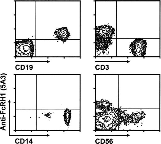 Figure 2. FcRH1 expression by peripheral blood mononuclear cells. Human blood mononuclear cells purified by Ficoll centrifugation were stained with biotinylated Fab fragments of 5A3 followed by streptavidin-APC and PE-conjugated antibodies to lineage specific markers: CD19+ B lineage cells, CD3+ T cells, CD14+ myeloid lineage cells, and CD56+ NK cells. Cells in the lymphocyte light-scatter gate were analyzed for CD19, CD3, and CD56, and cells in the myeloid gate are shown here for CD14 and FcRH1 staining. The same FcRH1 expression pattern was found for 10 donors of European, African, or Asian ancestry. Similar results were obtained with the 3B4 antibody.