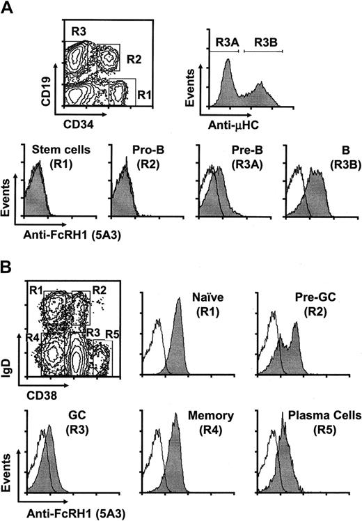 Figure 3. FcRH1 expression by B-lineage cells in bone marrow and tonsils. (A) Bone marrow mononuclear cells from adult ribs were purified and 3-color immunofluorescent staining was performed. This pattern of FcRH1 expression by pre-B and B cells was confirmed for 3 additional bone marrow samples. (B) Tonsillar B cells purified using CD19 microbeads were stained with antibodies against CD38, IgD, and biotin-5A3 followed by streptavidin-APC. The different B-cell subpopulations were gated for FcRH1 analysis based on their CD38 and IgD expression. Note the biphasic pattern of FcRH1 expression by the pre-germinal center subpopulation. FcRH1 stained populations are shaded, and Ig isotype controls are unshaded.