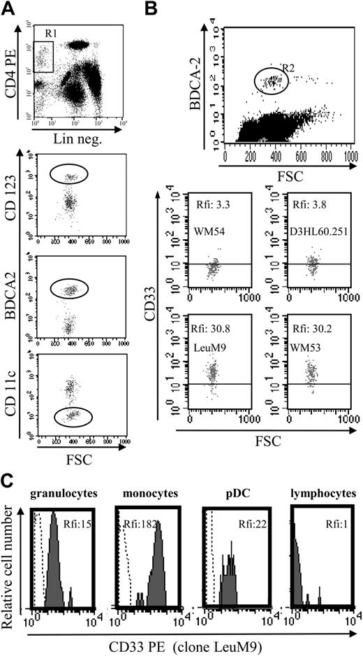Figure 7. Normal circulating pDCs express CD33 at similar levels as granulocytes. (A) Identification of circulating pDCs using a 3-color staining. DCs were identified as lineage-negative (Lin neg.) CD4+ cells (gate R1). Lymphoid DCs express CD123high, BDCA-2, but not CD11c (circles). (B) CD33 expression on normal pDCs. Because BDCA-2 staining allows differentiation of lymphoid DCs (positive cells) from other cells,5,36 BDCA-2 mAb was used simultaneously with anti-CD33 mAb to determine CD33 expression on circulating pDCs. A better detection of CD33 was observed using PE-conjugated mAb (LeuM9 or WM53) than FITC mAb (WM-54 or D3HL60.251). Results are expressed as rfi or MFI R (MFI obtained with anti-CD33 mAb/MFI obtained with isotype control mAb). For the 6 donors analyzed, the number of events in the gate R2 varies from 170 to 200 (198 in the representative dot plot). (C) Comparison of CD33 level expression on peripheral blood cells. CD33 expression on pDCs was compared with the expression on granulocytes (CD33low cells,20,21 MFI R = 15), on monocytes (CD33high cells,20,21 MFI R = 182) and on lymphocytes (CD33 nonexpressing cells, MFI R = 1) from the same sample. Granulocytes, monocytes, and lymphocytes were identified by forward light scatter (FSC)/side light scatter (SSC) gating. Lymphoid DCs were identified as BDCA-2+ cells. Cells were stained with either isotype control (dotted line) or anti-CD33 mAb LeuM9 (gray hatched curve) and analyzed by flow cytometry.