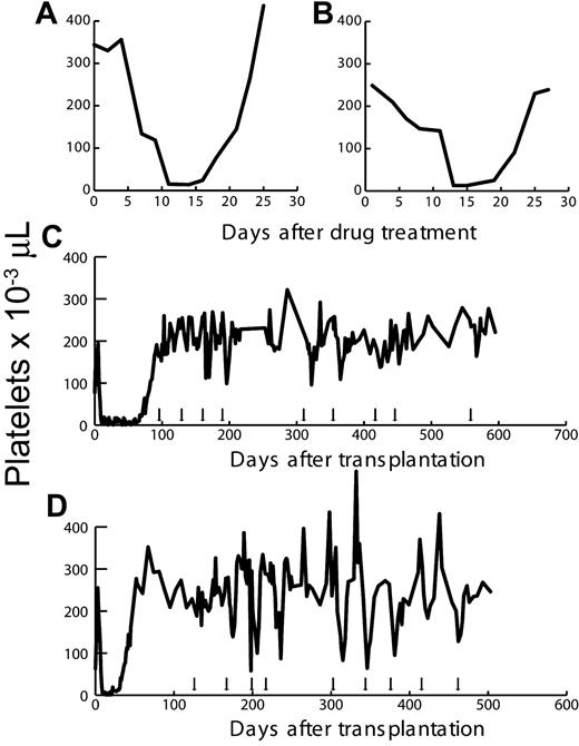 Figure 3. Platelet counts in response to O6BG and temozolomide. (A) Platelets/μL blood after O6BG and 500 mg/m2 temozolomide in control animal E977. (B) Platelets/μL blood after O6BG and 600 mg/m2 temozolomide in control animal G047. (C) Platelets/μL blood after transplantation in dog G179. Arrows indicate the treatment cycles and dose of temozolomide is indicated (in mg/m2). (D) Platelets/μL blood after transplantation in dog G197. Arrows indicate the treatment cycles and dose of temozolomide is indicated (in mg/m2).