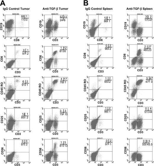 Figure 4. Flow cytometric analyses of tumors and spleens. (A) Flow cytometric analysis of tumors in anti–TGF-β (right column)–and control-treated (left column) hu PBL-SCID mice. The hu PBL-SCID mice were injected with 100 μg anti–TGF-β (A411) or mouse IgG every other day for 9 weeks. At harvest, tumors were analyzed by flow cytometry for the presence of human B cells and T-cell expansion and activation. Data are shown from a representative animal in each group (n = 5 mice/group). (B) Flow cytometric analysis of spleens from anti–TGF-β (right column)–and control-treated (left column) hu PBL-SCID mice. The hu PBL-SCID mice were given injections of 100 μg anti–TGF-β (A411) or mouse IgG every other day for 9 weeks. At harvest, spleens were analyzed by flow cytometry for the presence of human B cells and T-cell expansion and activation. Data are shown from a representative animal in each group (n = 5 mice/group).